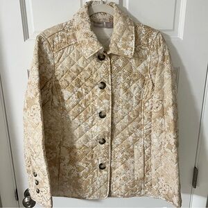 Chico’s Women's Quilted Tan Lace Print Jacket Lightweight Size 8-10